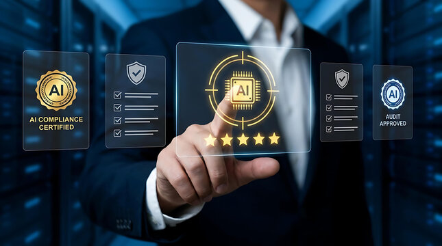 Artificial Intelligence Compliance Certification and Quality Assurance Concept with AI Governance Framework, Regulatory Standards, Performance Evaluation and Enterprise Technology Trust Management