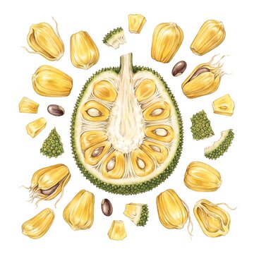 Watercolor Fruit Illustration of fresh fruit, healthy food, exotic jackfruit slices, and seeds isolated on white background