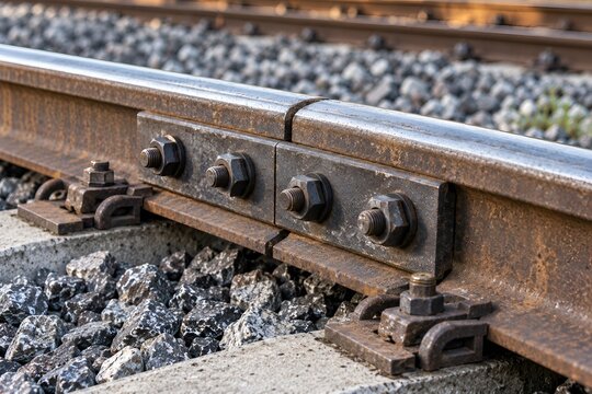 Railway Rail Joint with Fishplates Bolts and Fasteners Close Up