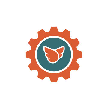 Gear with stylized wings logo