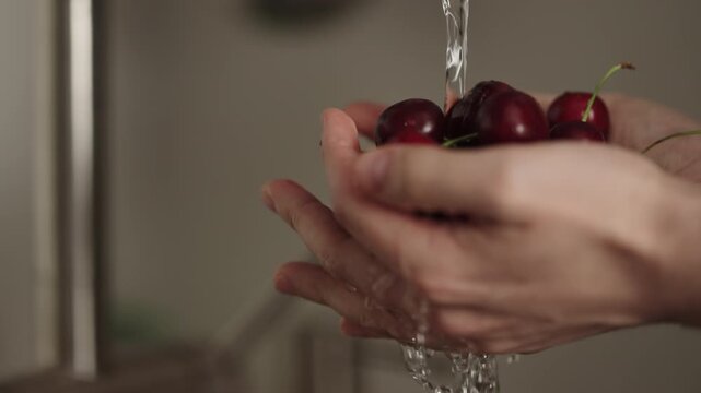 Slow motion closeup shot of man washing cherries with kitchen faucet