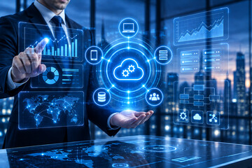 Obraz premium Businessman interacting with illuminated digital interface displaying data and network connections