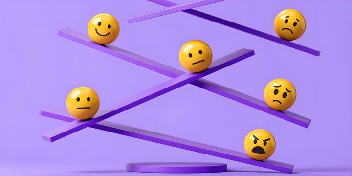 Colorful emotional faces navigating intersecting paths, mood choices and psychological decision-making concept