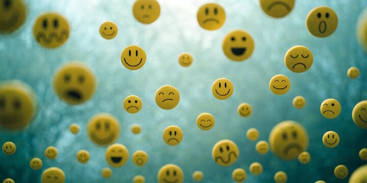 Floating yellow emotion faces in blue atmosphere, changing moods and emotional psychology concept