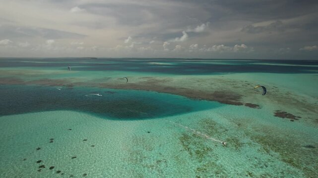 Aerial view of kitesurfing in Los Roques, Venezuela.
