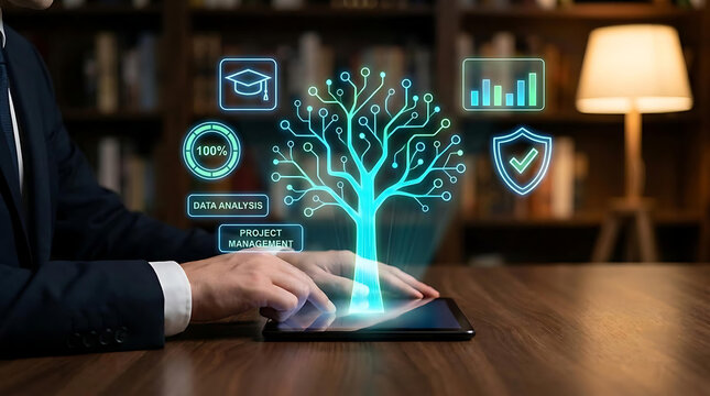 Artificial Intelligence Knowledge Tree Growing from Digital Tablet, Smart Learning Technology, Data Security, Machine Learning Network, Innovation, Digital Transformation and Future Business Concept
