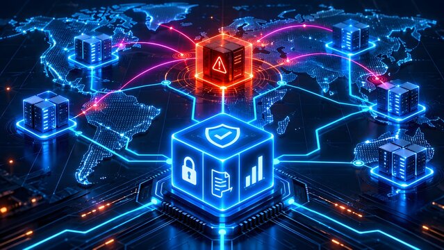 Digital world map connecting a central red warning block to peripheral server nodes symbolizing global cyber threat detection and international network security