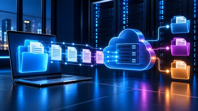 Laptop computer transferring glowing digital documents to a neon cloud server storage unit, illustrating secure data migration and remote cloud computing infrastructure