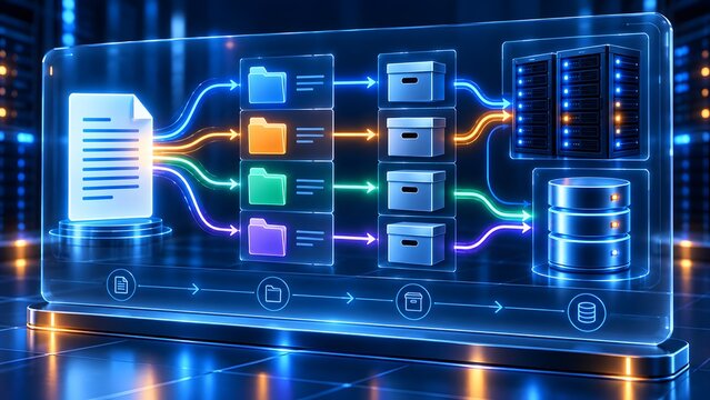 Digital interface displaying a colored data pipeline routing documents into storage boxes and database servers, symbolizing automated workflow processes and structured enterprise information archiving