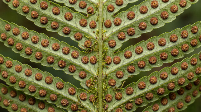 Fern frond close up showing repeating sori patterns and spore clustersorganic green texture evoking growth, reproduction, botanical structure and detailed natural design