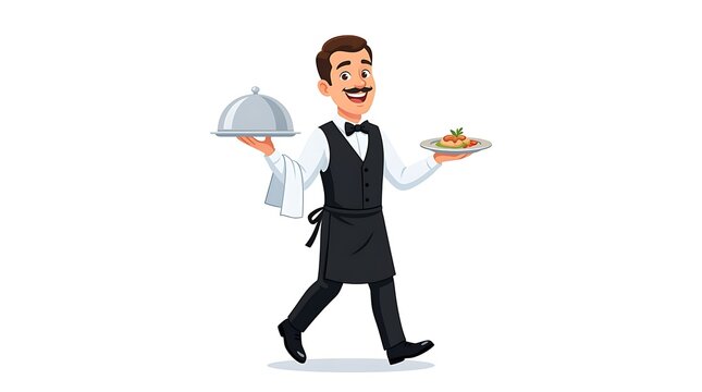 Waiter Holding a Tray of Champagne Glasses in Business Suit Cartoon Vector Illustration for Celebration, Hospitality and Success Concept