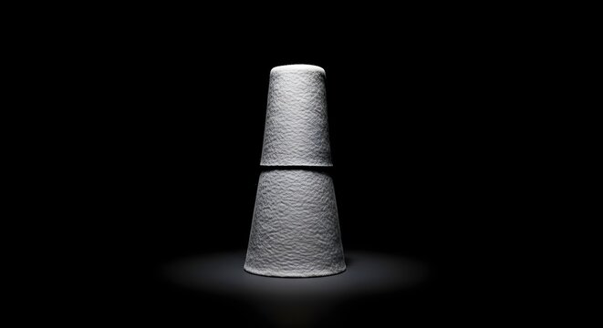 Two Stacked Minimalist White Paper Cups Illuminated Against a Dramatic Deep Black Background for Modern Still Life Photography