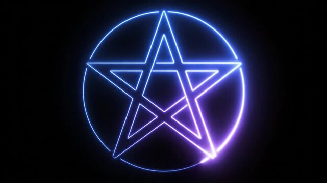 Mystical glowing pentagram symbol in a circle animated on a black background, representing magic and occultism.