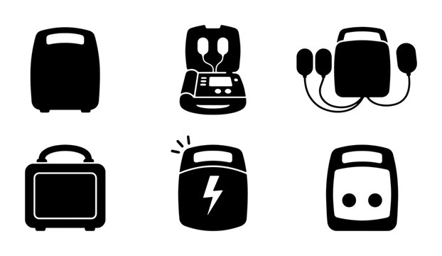 Black defibrillator icons, medical equipment, emergency device design