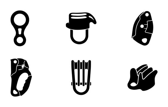 Black climbing equipment icons, ascenders and descenders, safety gear
