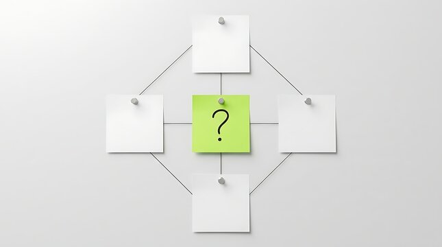 Four blank sticky notes around a central question mark