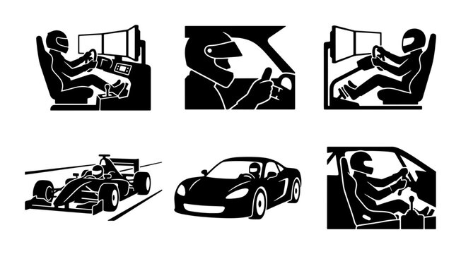 Black racing simulator and car icons, driver and F1 car