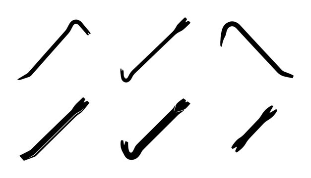 Black crowbar icons, pry bar tool set, graphic design elements