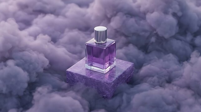 Purple perfume bottle on stone pedestal in purple smoke