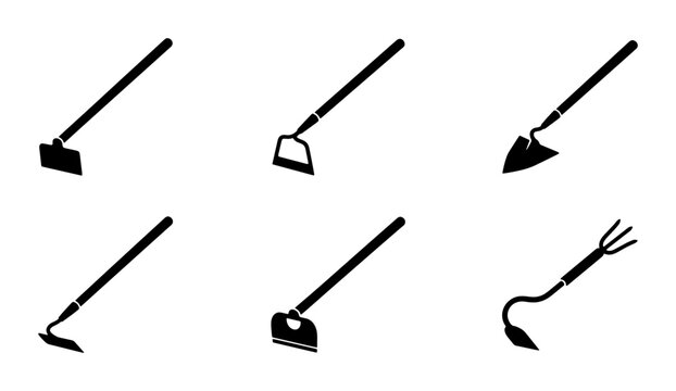 Black garden hoes and cultivator silhouettes, tool set for gardening