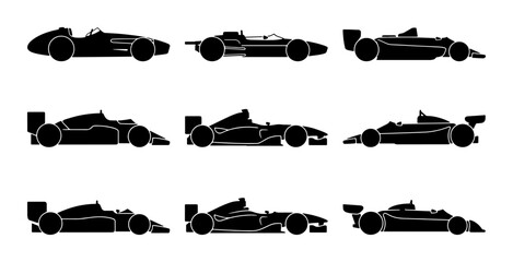 Obraz premium Black formula 1 race car silhouettes, different angles, transport