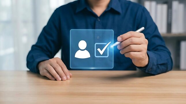 Businessman interacting with digital user verification icon