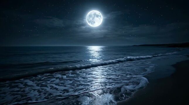 Full moon over ocean waves at night