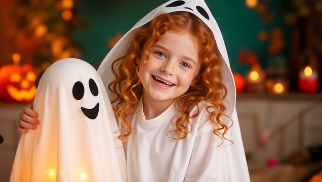 Happy little girl in a ghost costume hugging a glowing ghost decoration. Cute child with curly red hair celebrating Halloween indoors. Warm festive background with lit pumpkins and candles
