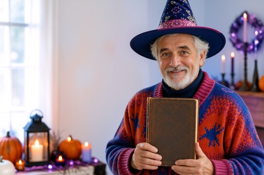 Senior man in wizard hat holding a book. Elderly grandfather in colorful sweater celebrating Halloween with pumpkins and candles
