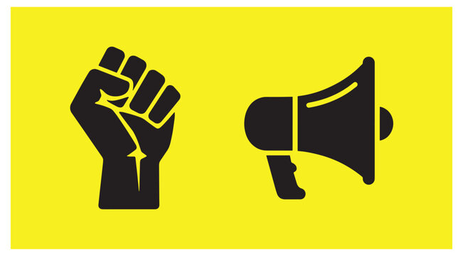 Raised protest fist and megaphone silhouette icons on a yellow background with megaphone icon black silhouette voice of people resistance sign
