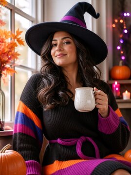 Young woman in witch hat holding a mug by the window. Female adult in striped sweater enjoying a hot drink during autumn