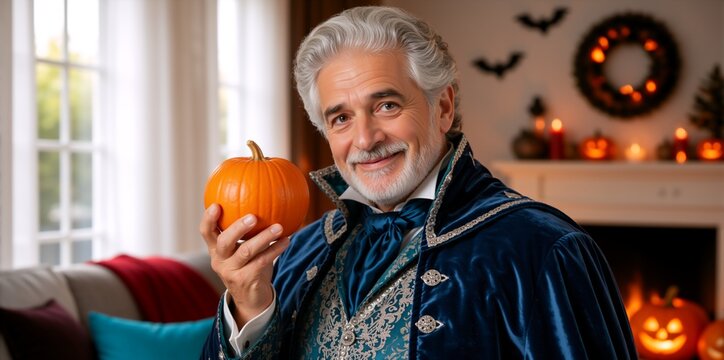 Smiling senior man in elegant blue velvet costume holding a small pumpkin. Happy older gentleman in decorated living room for Halloween