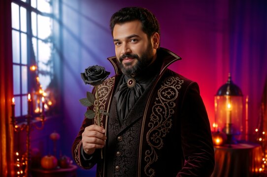 Smiling man in dark red velvet gothic costume holding a black rose. Elegant male vampire character in dimly lit room for Halloween