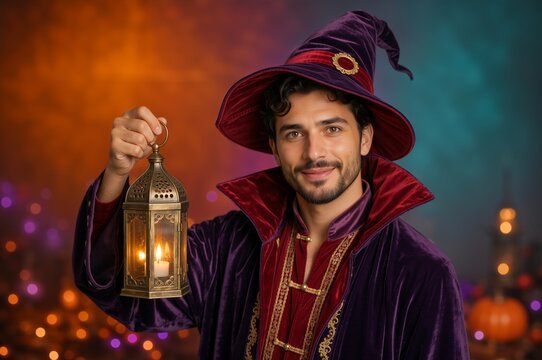 Smiling young man in purple velvet wizard costume holding a lit lantern. Happy male sorcerer character with pointed hat for Halloween