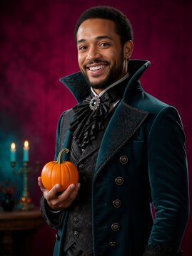 Happy African American man in green velvet gothic costume holding a small pumpkin. Young male vampire aristocrat smiling. Elegant Halloween party attire