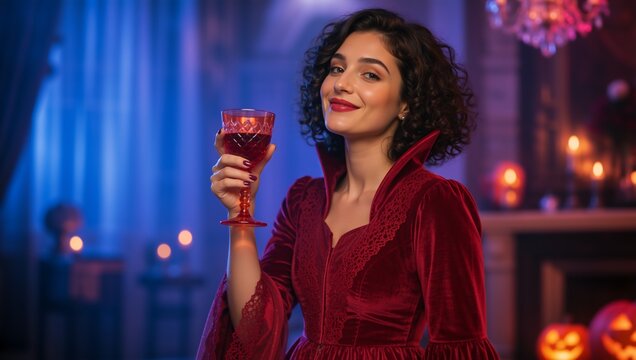 Smiling young woman in a red velvet dress holding a wine goblet. Female vampire costume at a Halloween party with atmospheric lighting. Gothic fashion portrait