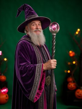 Senior man in a purple wizard costume holding a glowing crystal staff. Smiling old magician with white beard at a Halloween celebration. Fantasy character portrait
