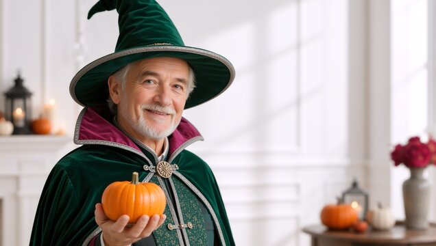 Smiling senior man dressed as a wizard holding a small pumpkin. Elderly male in green velvet witch hat and cloak. Halloween or autumn festive concept