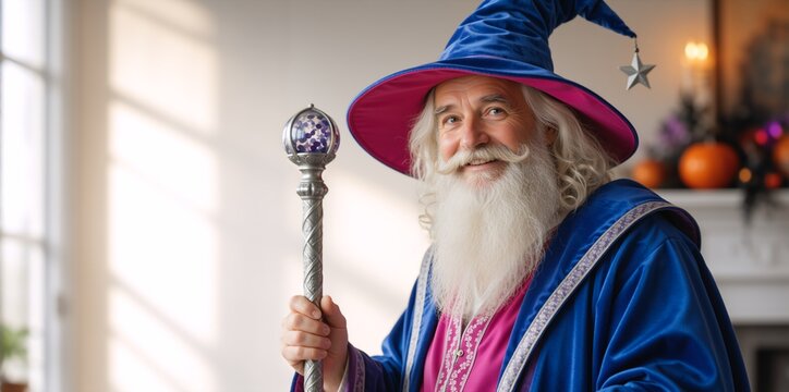 Smiling senior wizard holding a magical staff with a crystal ball. Elderly man with long white beard in blue velvet hat and cloak. Fantasy and magic concept