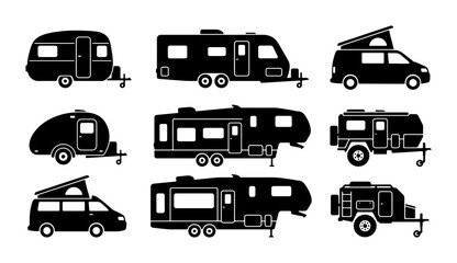 Black caravan and camper van icons, travel vehicles, camping and road © Ibrahim