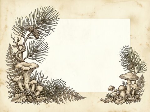 Vintage Botanical Frame with Pine Branches and Mushrooms on Aged Parchment Paper Background