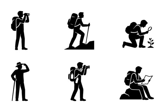Black hikers and explorers silhouettes set, graphic design elements