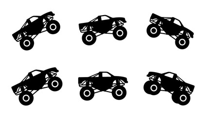 Six black monster truck silhouettes on white background, graphic © Robiul