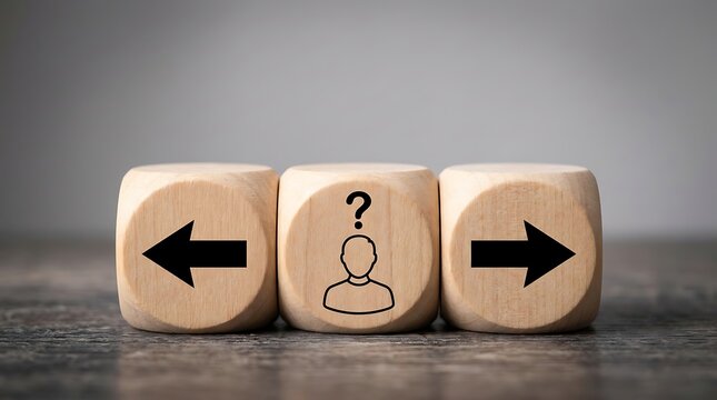 Wooden blocks with person icon and arrows showing direction