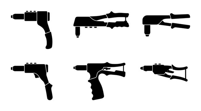 Black rivet gun icons, industrial tool set, graphic resource