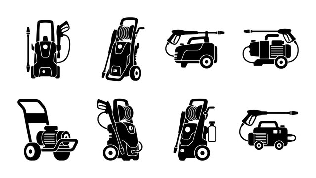 Black pressure washer icons, cleaning equipment collection, industrial