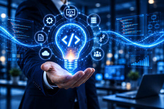 Illuminated lightbulb with coding brackets floats above a person s outstretched hand