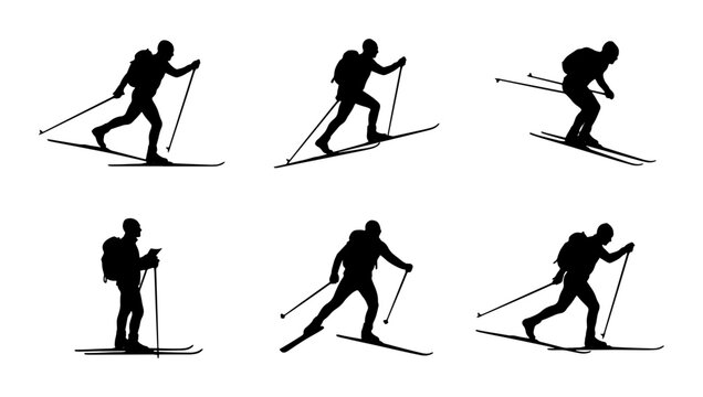 Black and white skier silhouettes on white background, action poses