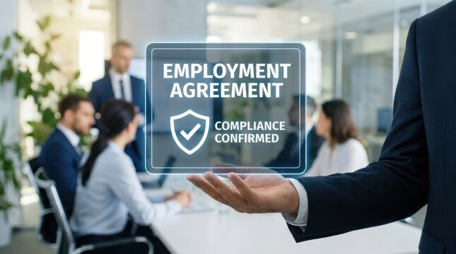 HR Contract Compliance: Businessman holding a large employment agreement icon with compliance elements in a professional office environment 