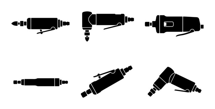 Black air die grinder icons, pneumatic tool set, graphic design